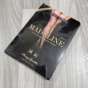 Honey Birdette Madeline Black/Gold Thigh High Suspender Stockings Lace Top Sz L